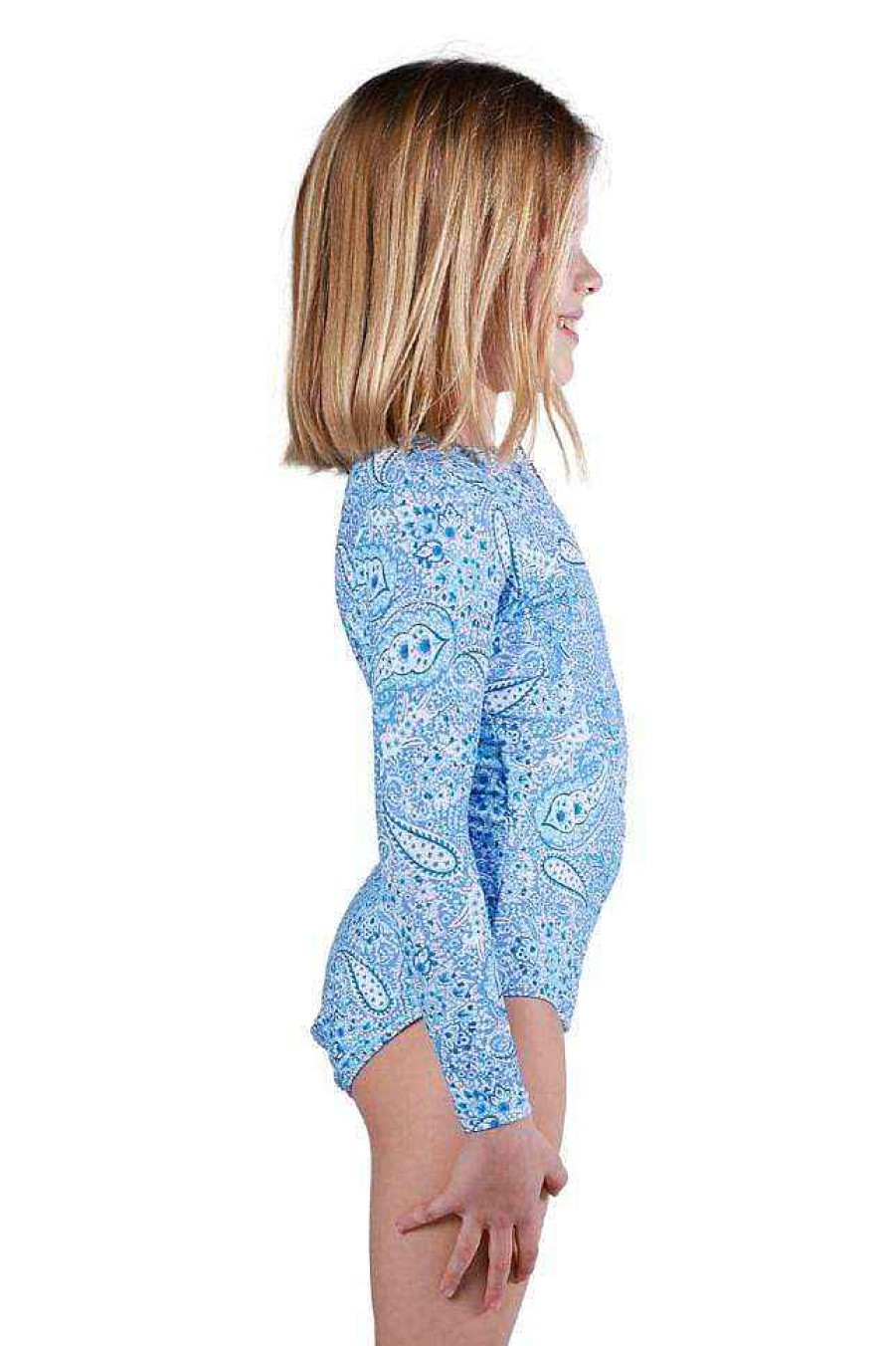 Swimwear Capriosca High Neck | Santorini Blue Kids Long Sleeve One Piece Swimsuit