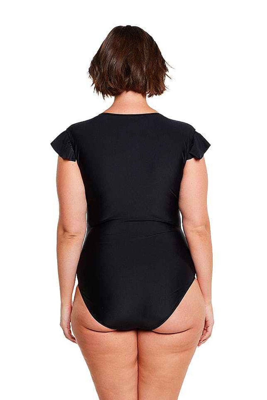 Swimwear Capriosca Short Sleeve | Black Frill Sleeve One Piece Swimsuit