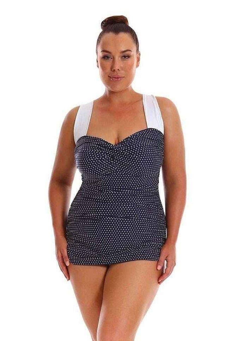 Swimwear Capriosca Tummy Control | Navy & White Dots Vintage Skirted One Piece Swimsuit