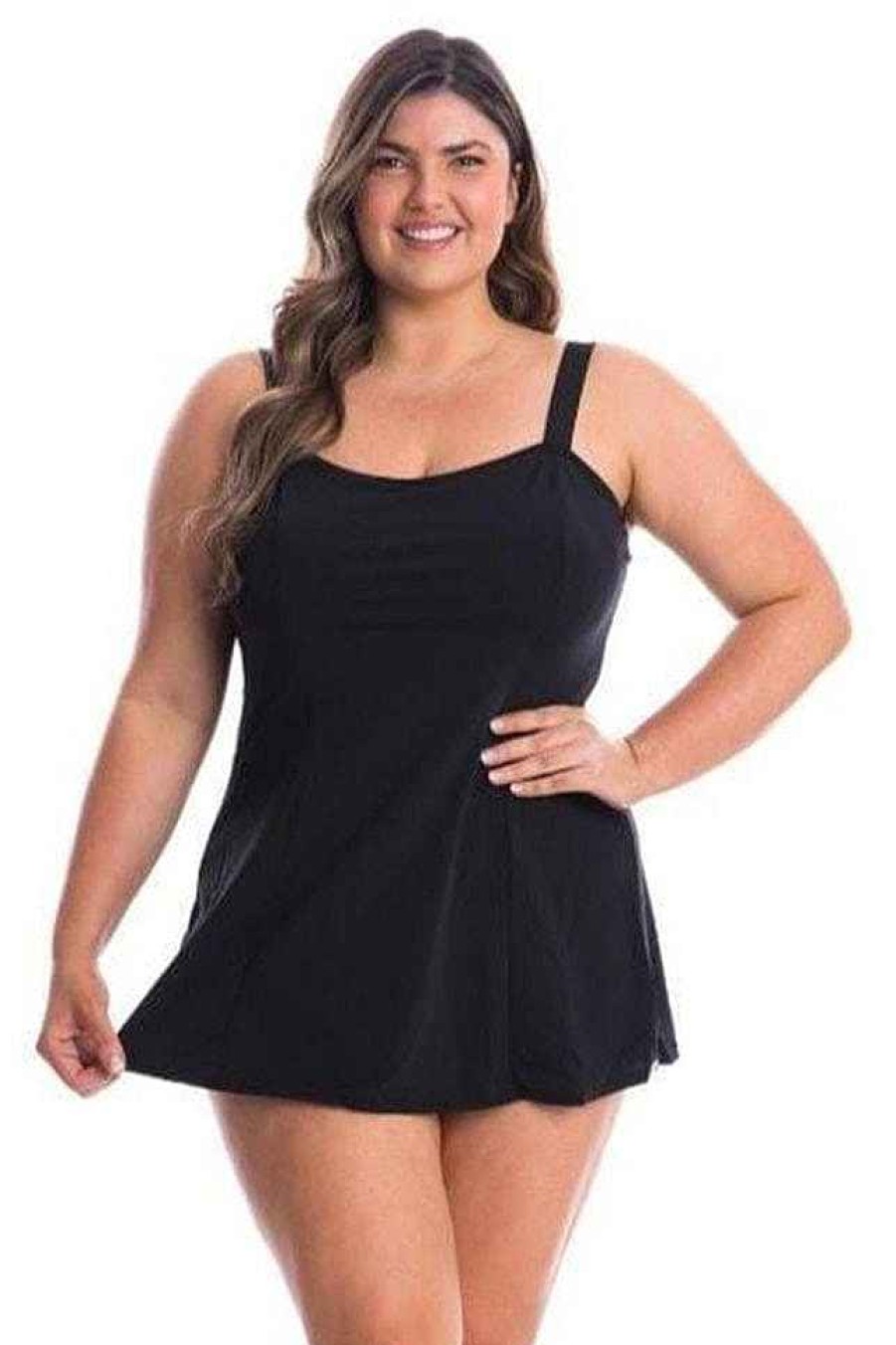 Swimwear Capriosca Tummy Control | Chlorine Resistant Black Wide Strap Panelled Swim Dress