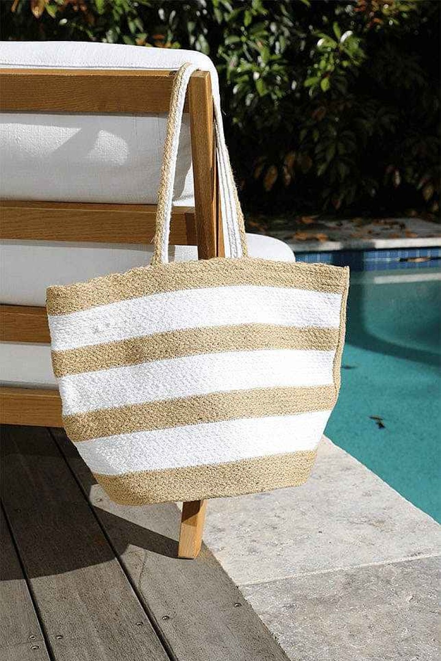 Beach Wear Capriosca Beach Bags | Beach Bag - White And Natural Stripe