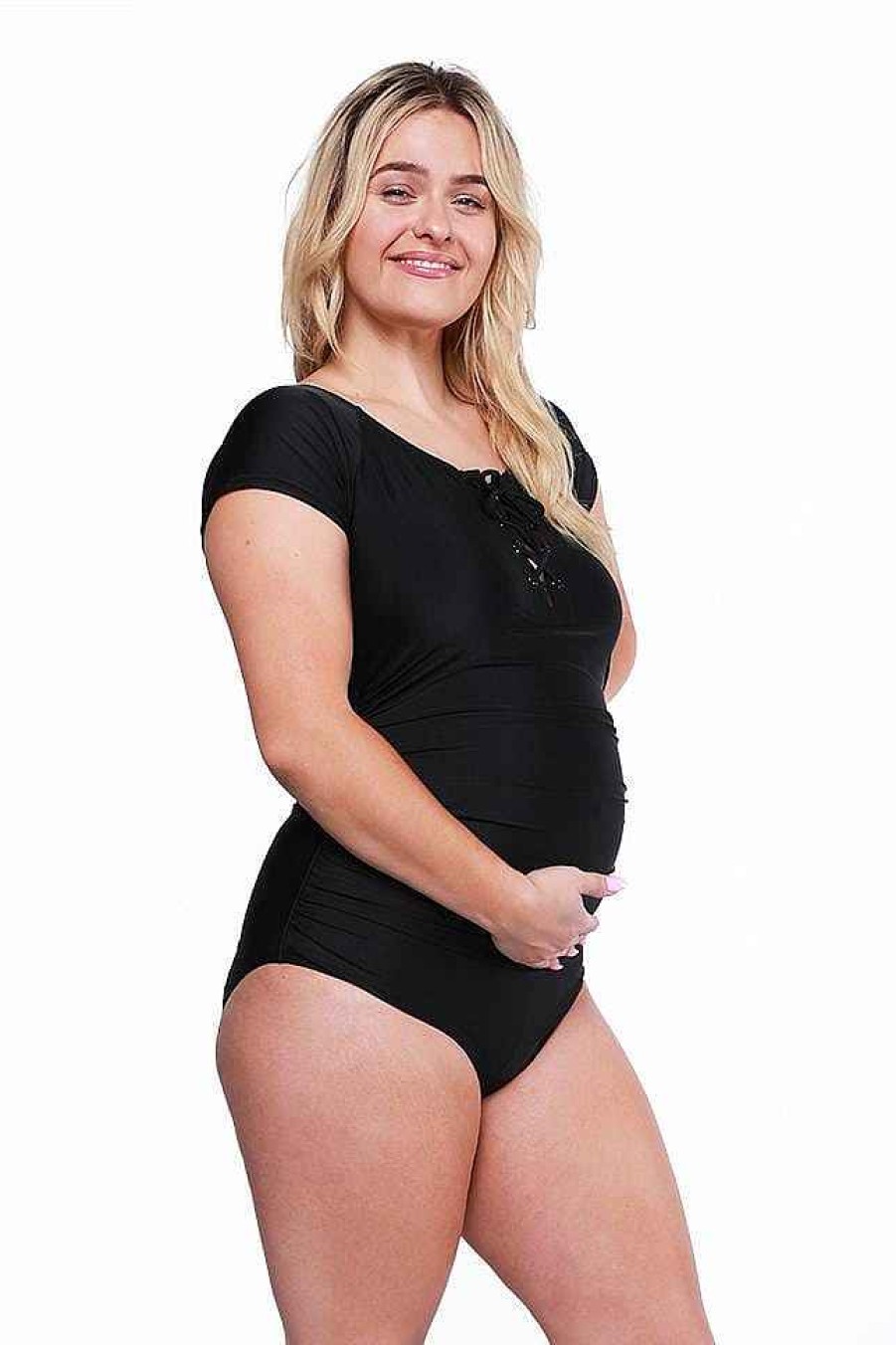 Swimwear Capriosca Long Torso | Black Short Sleeve Tie Maternity One Piece Swimwear