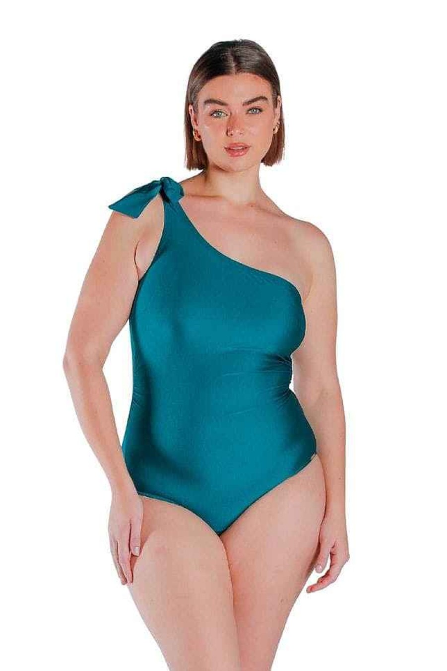 Swimwear Capriosca Mastectomy | Metallic Deep Teal Tie One Shoulder One Piece