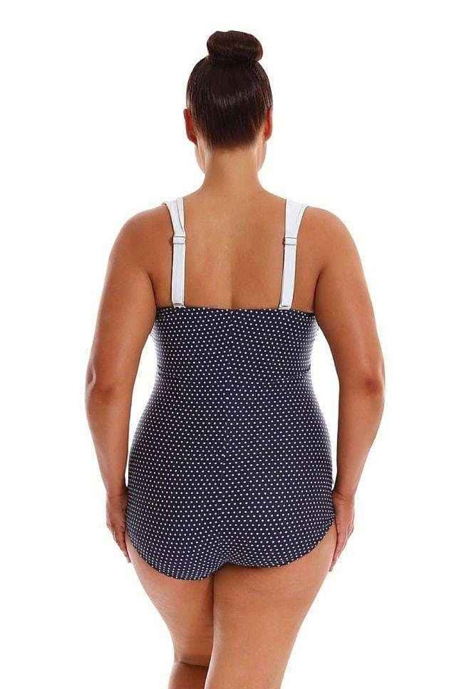 Swimwear Capriosca Tummy Control | Navy & White Dots Vintage Skirted One Piece Swimsuit