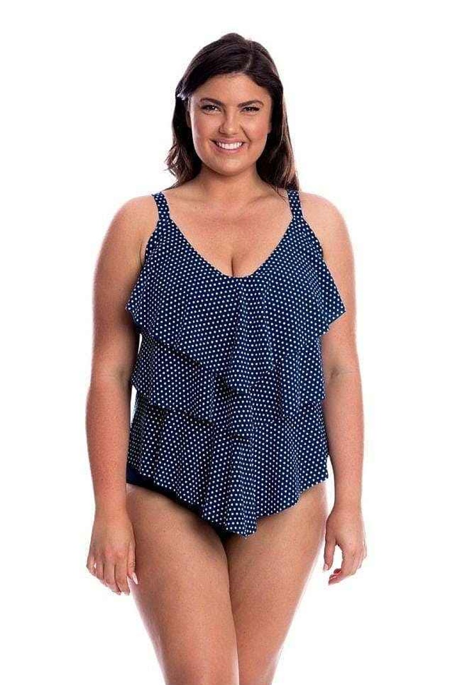 Swimwear Capriosca Tummy Control | Chlorine Resistant Navy And White Dots 3 Tier Tankini Top