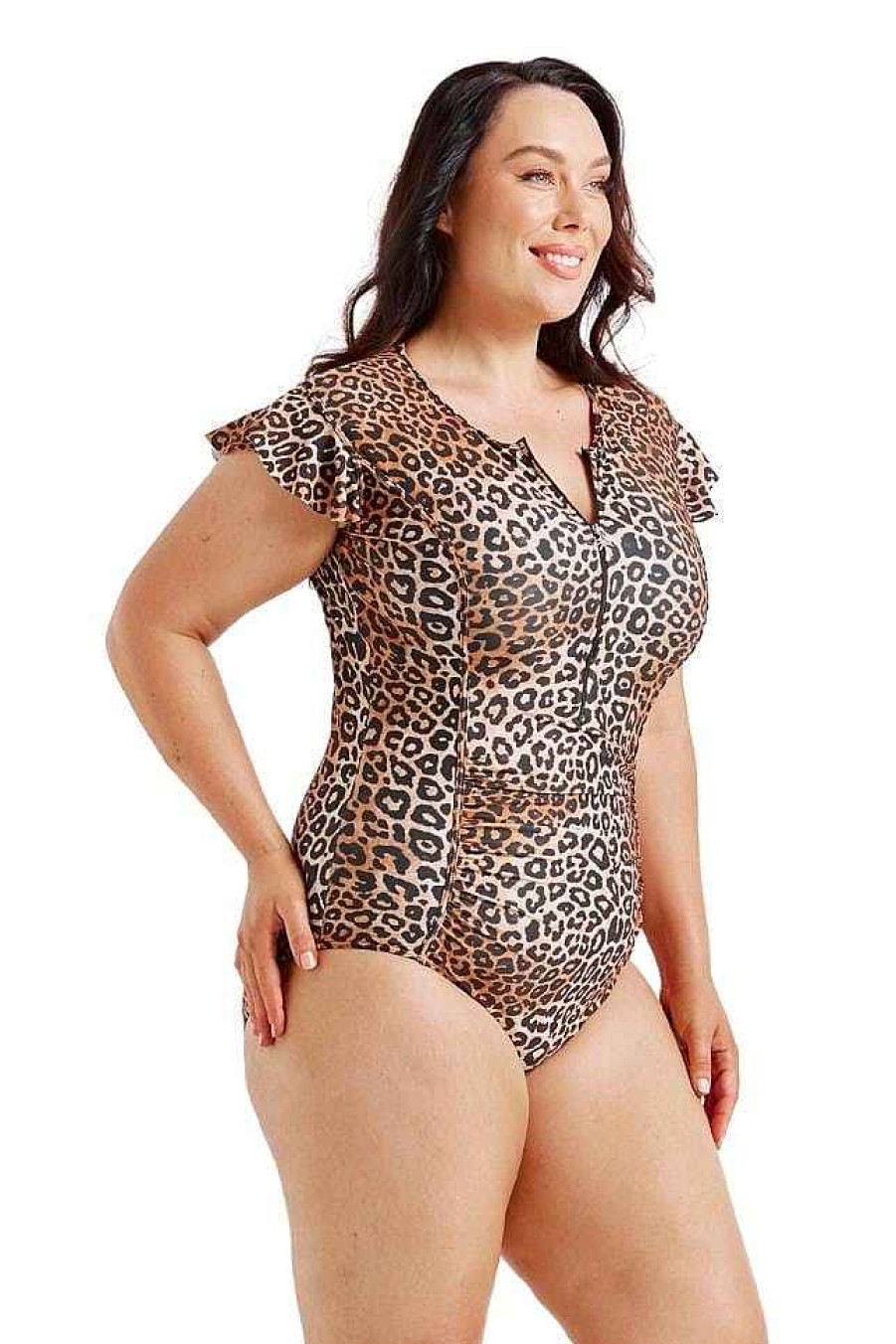 Swimwear Capriosca Short Sleeve | Leopard Sustainable Frill Sleeve One Piece