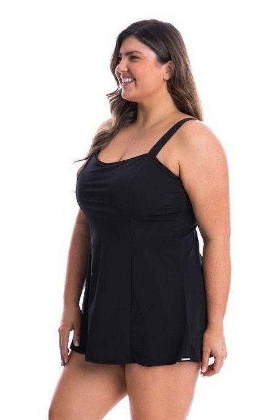 Swimwear Capriosca Tummy Control | Chlorine Resistant Black Wide Strap Panelled Swim Dress