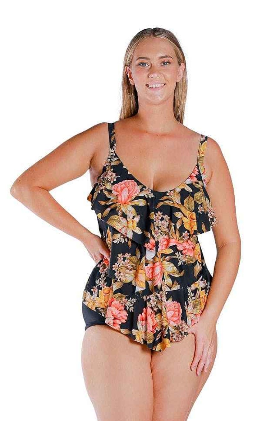 Swimwear Capriosca Tummy Control | Frenchy Black 3 Tier Tankini Top