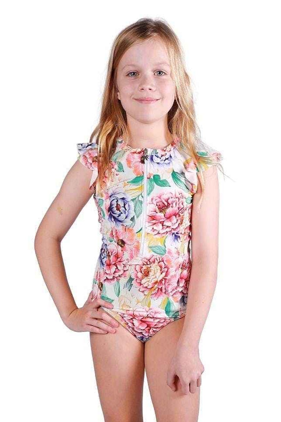 Swimwear Capriosca High Neck | Positano White Kids Frill Sleeve One Piece Bather