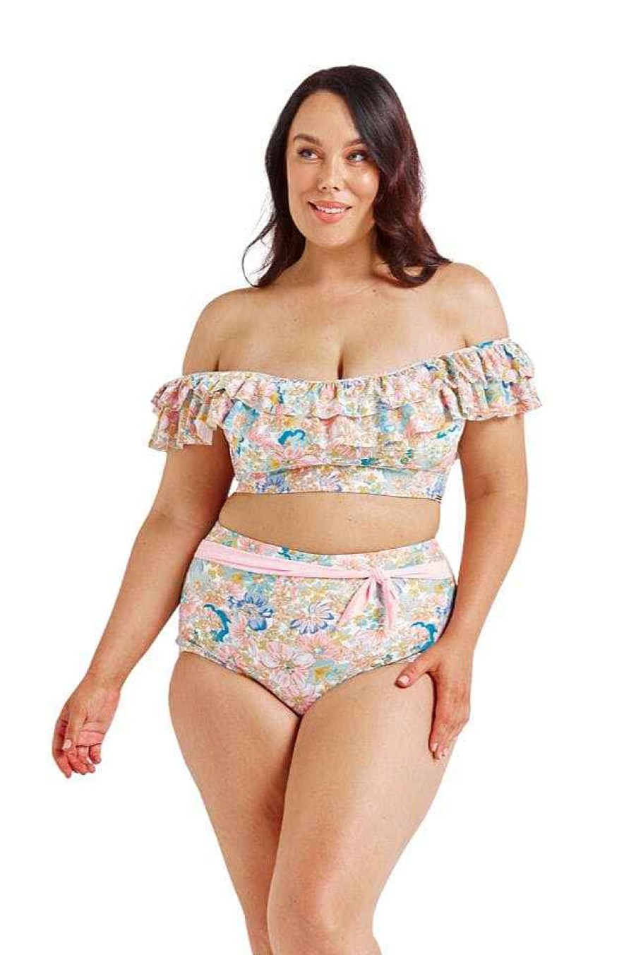 Swimwear Capriosca Bandeau & Strapless | Retro Floral Double Frill Bikini Top