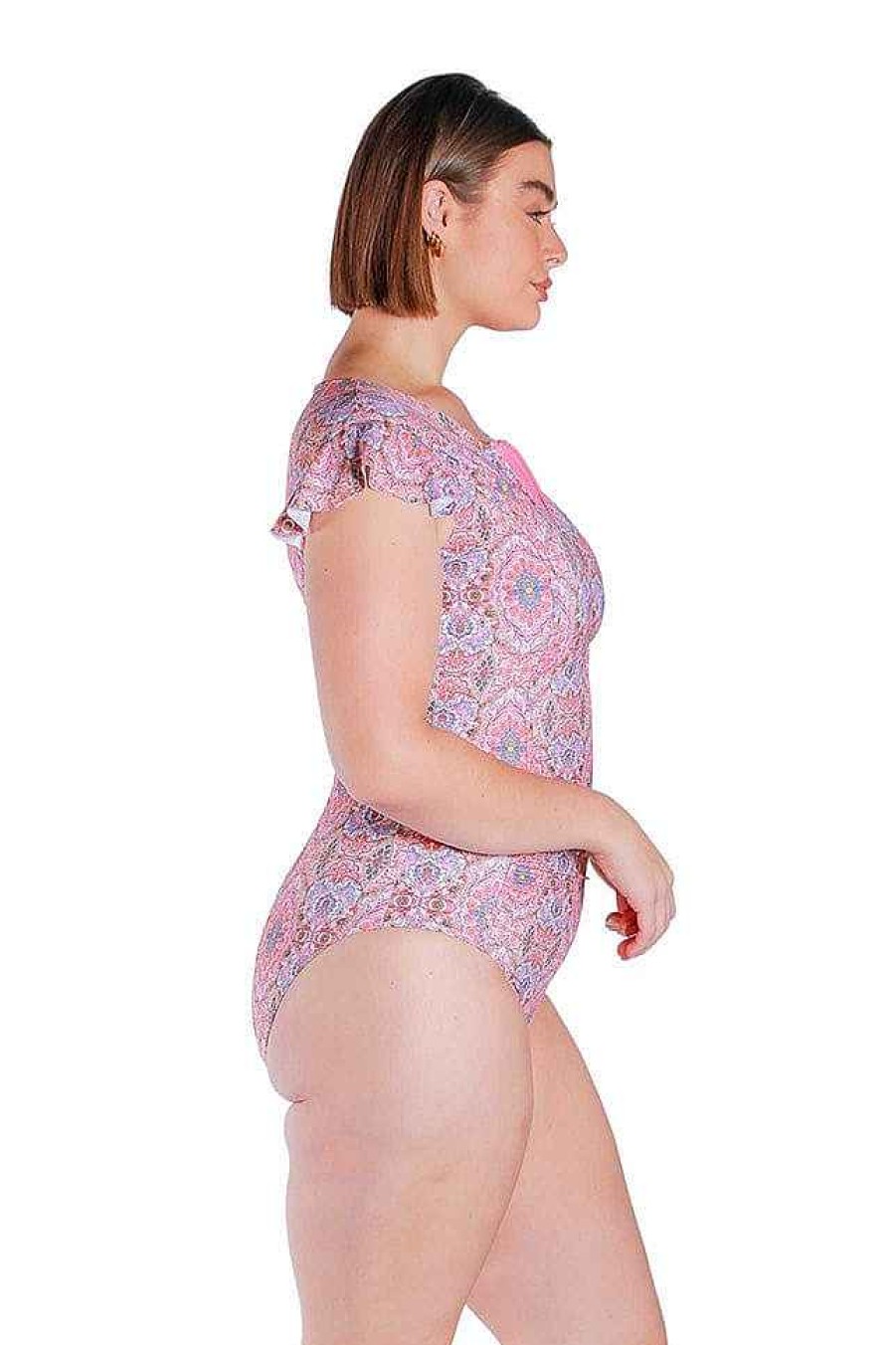 Swimwear Capriosca Short Sleeve | Amalfi Pink Frill Sleeve One Piece