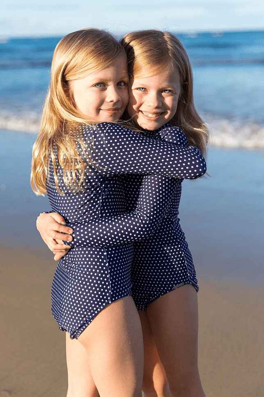 Swimwear Capriosca High Neck | Kids Navy Dots Long Sleeve One Piece Bather