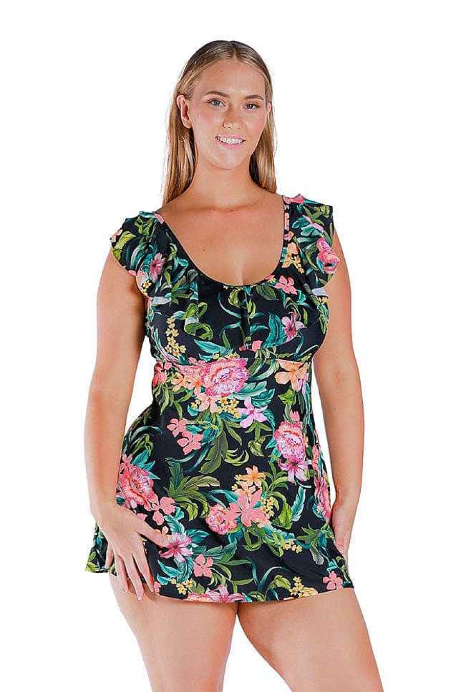 Swimwear Capriosca Plus Size Swim Dresses | Bora Bora Frill Swim Dress