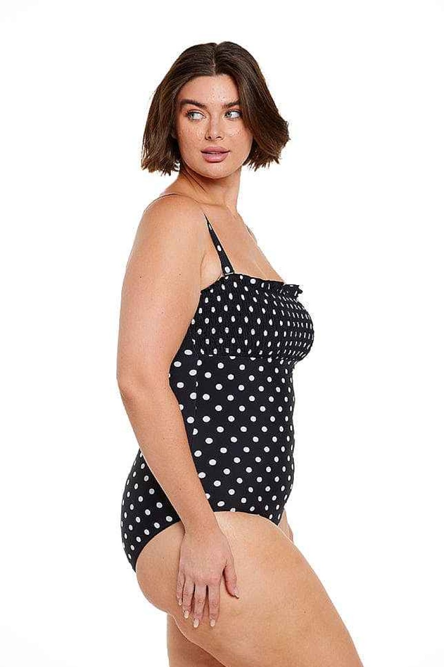 Swimwear Capriosca Strapless | Black And White Dots Shirred Bandeau One Piece