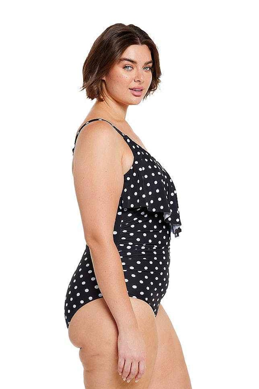 Swimwear Capriosca Tummy Control | Black And White Dots Long Frill V Neck One Piece