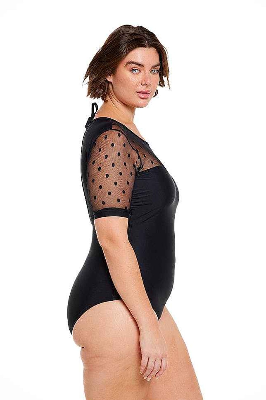 Swimwear Capriosca Short Sleeve | Mesh Polkadot Short Sleeve One Piece