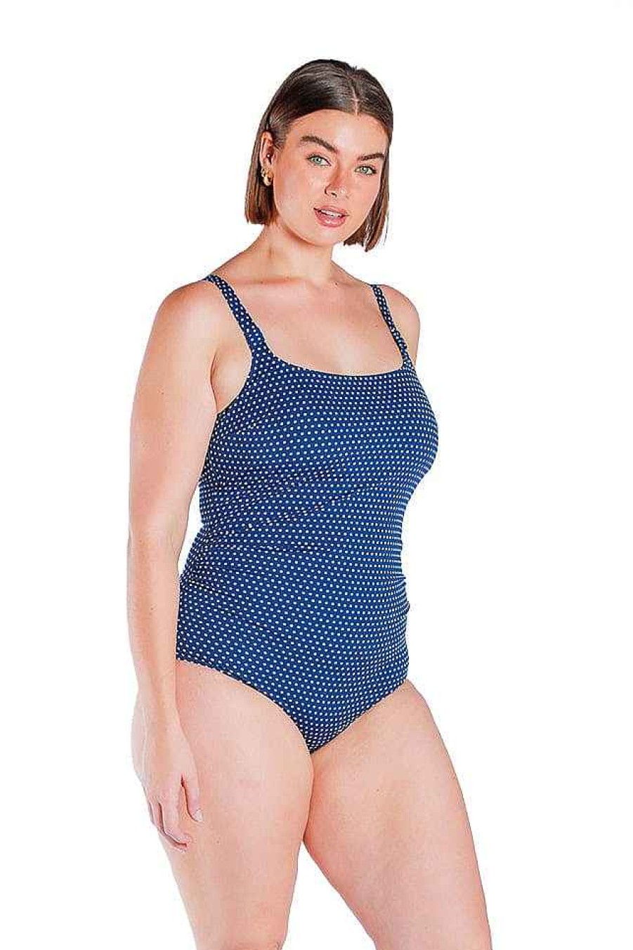 Swimwear Capriosca Tummy Control | Chlorine Resistant Navy And White Dots Tank One Piece