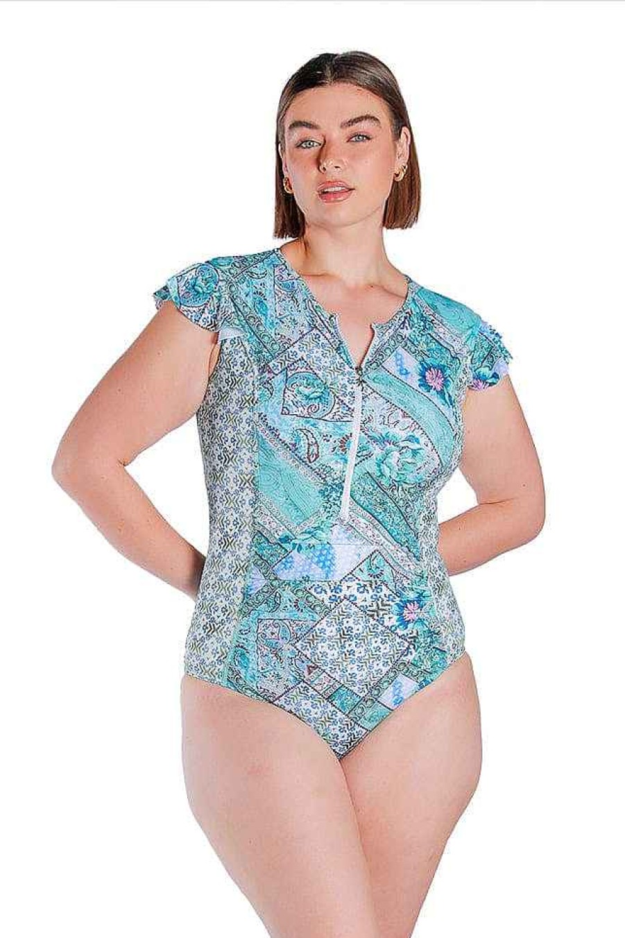 Swimwear Capriosca Short Sleeve | Whitehaven Frill Sleeve One Piece