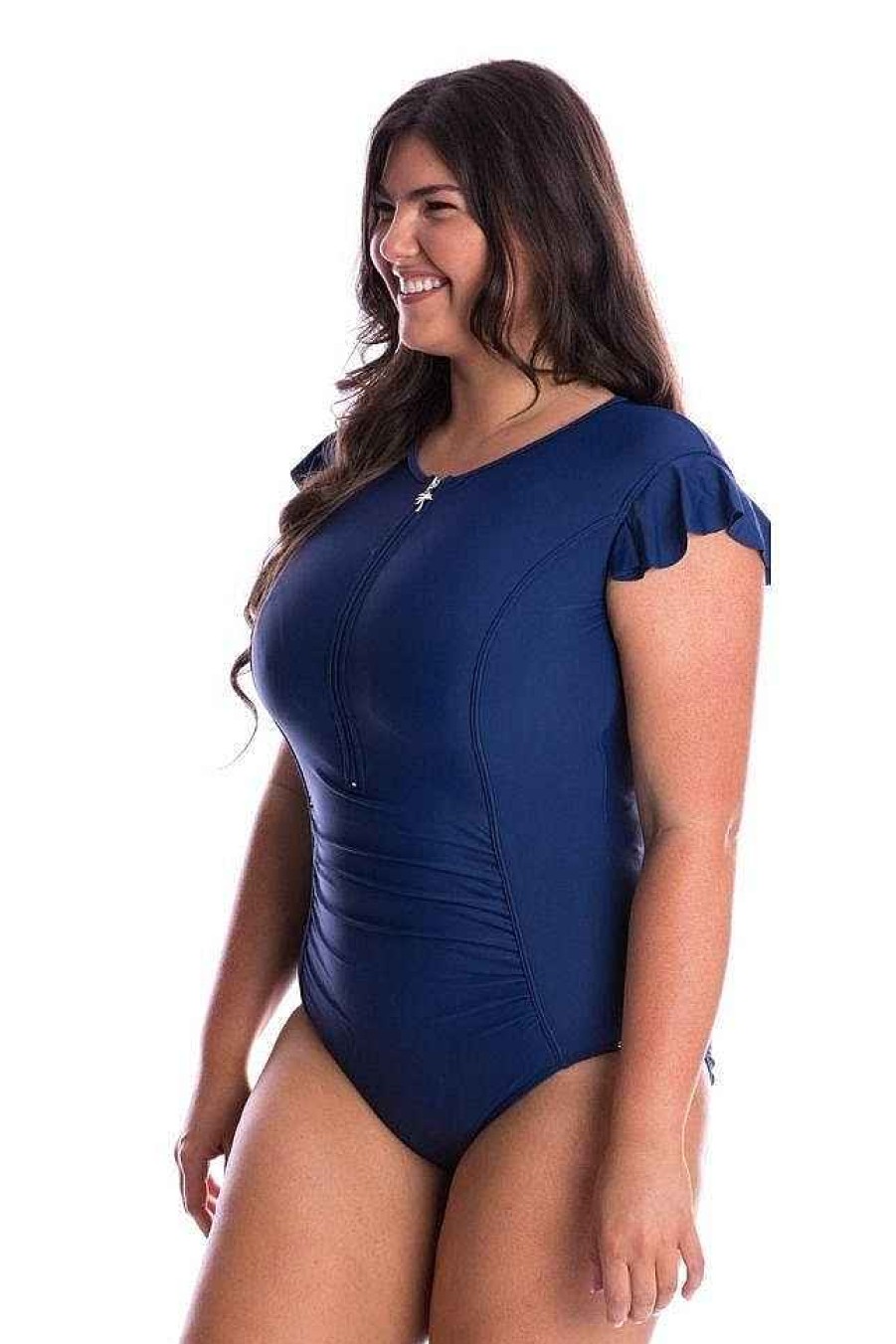 Swimwear Capriosca Short Sleeve | Navy Blue Frill Sleeve One Piece Swimsuit