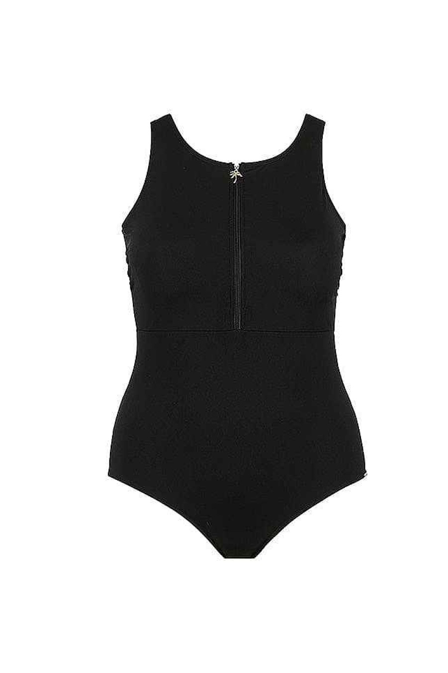 Swimwear Capriosca High Neck | Chlorine Resistant Black Sleeveless Zip Front One Piece Swimsuit