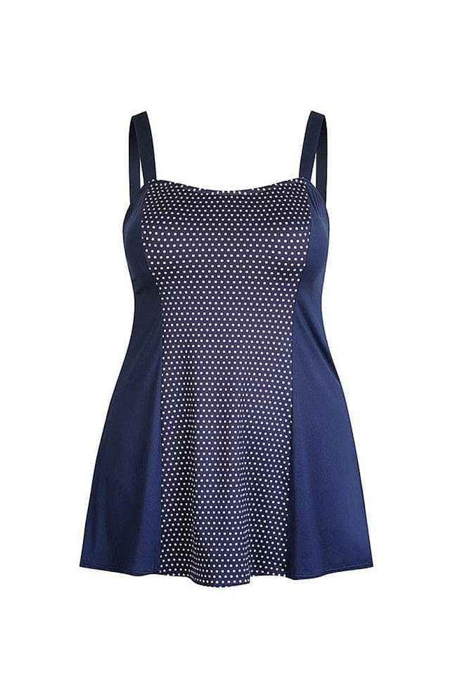 Swimwear Capriosca Tummy Control | Chlorine Resistant Navy And White Dots Wide Strap Swim Dress