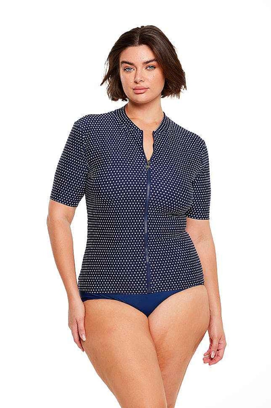 Swimwear Capriosca Modest | Navy & White Dots Rash Vest Short Sleeve