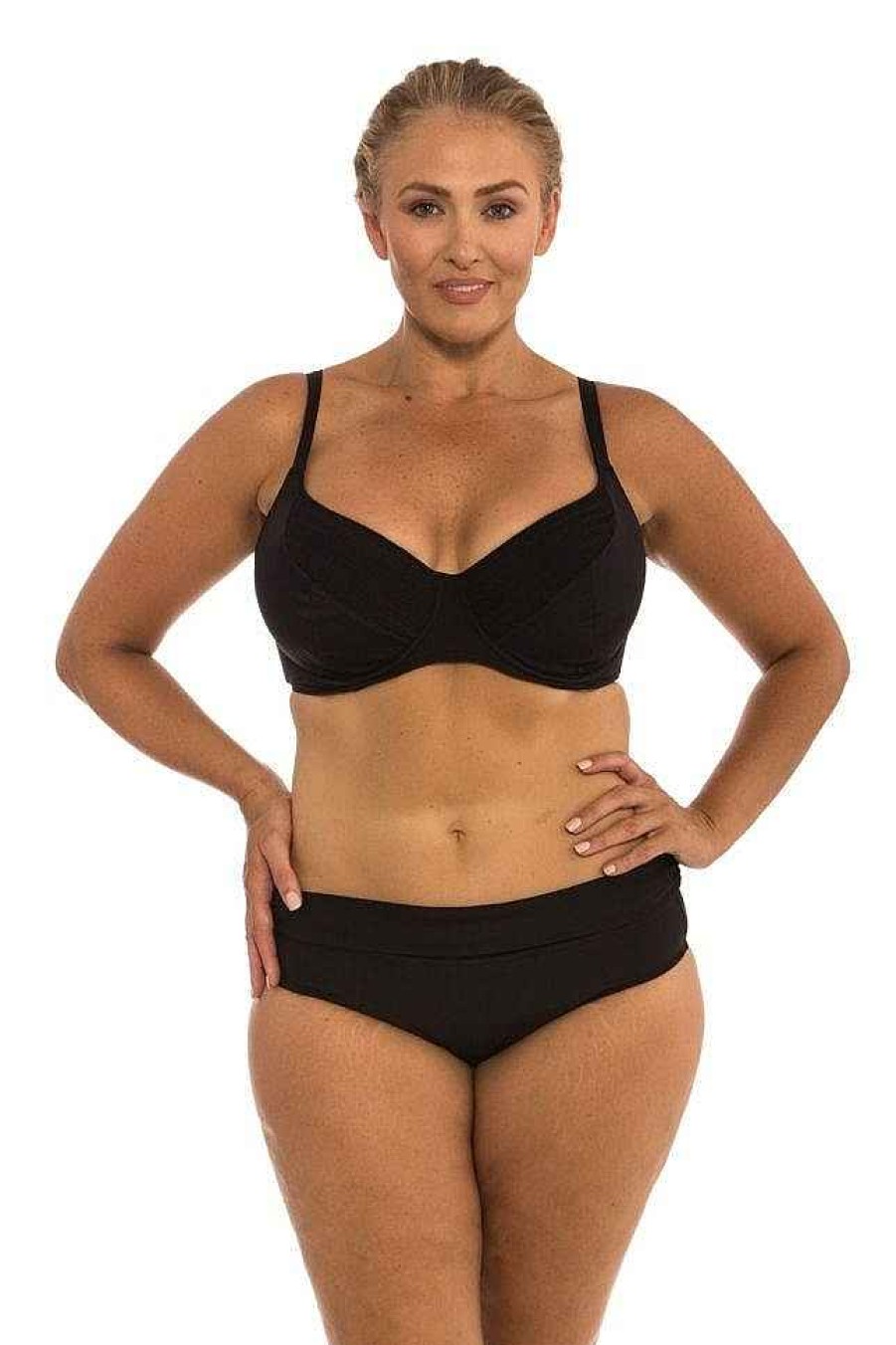 Swimwear Capriosca Black | Plain Black Rollover Pant Bikini Bottoms