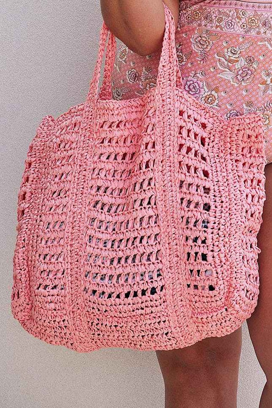 Beach Wear Capriosca Beach Bags | Large Raffia Beach Bag - Peach Sorbet