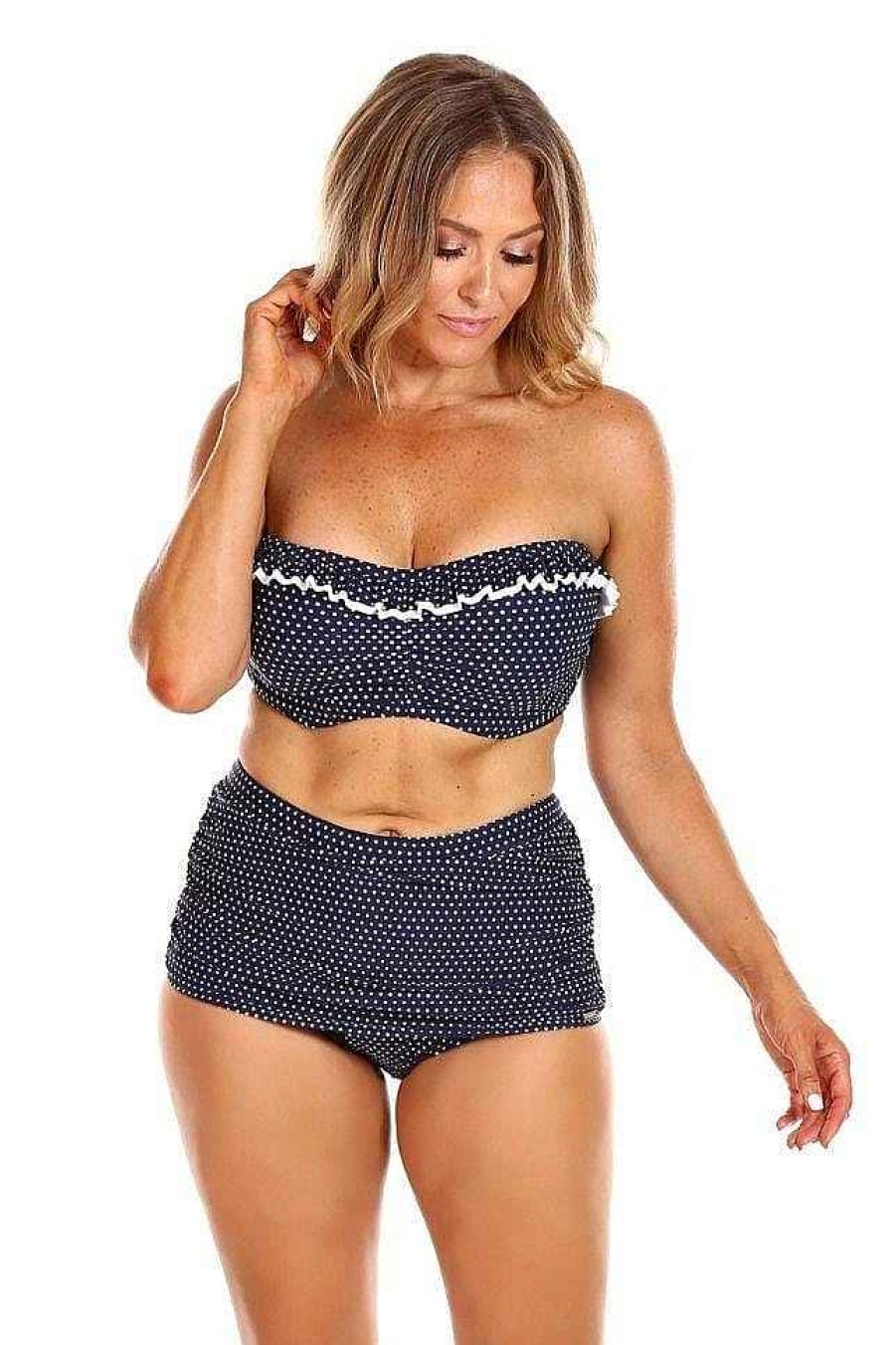 Swimwear Capriosca Underwire | Navy & White Dots Frill Underwire Strapless Bandeau Bikini Top