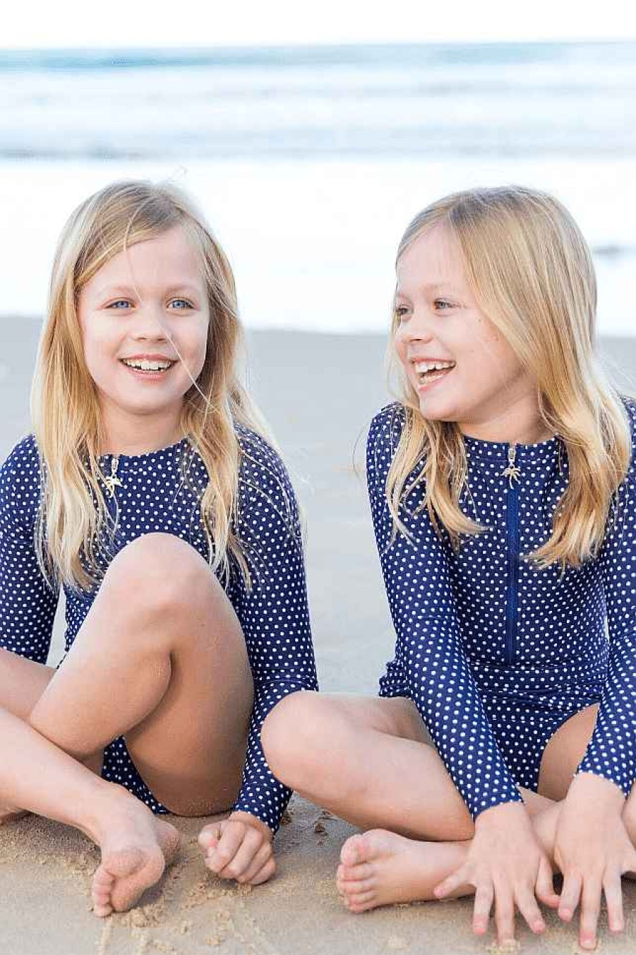 Swimwear Capriosca High Neck | Kids Navy Dots Long Sleeve One Piece Bather