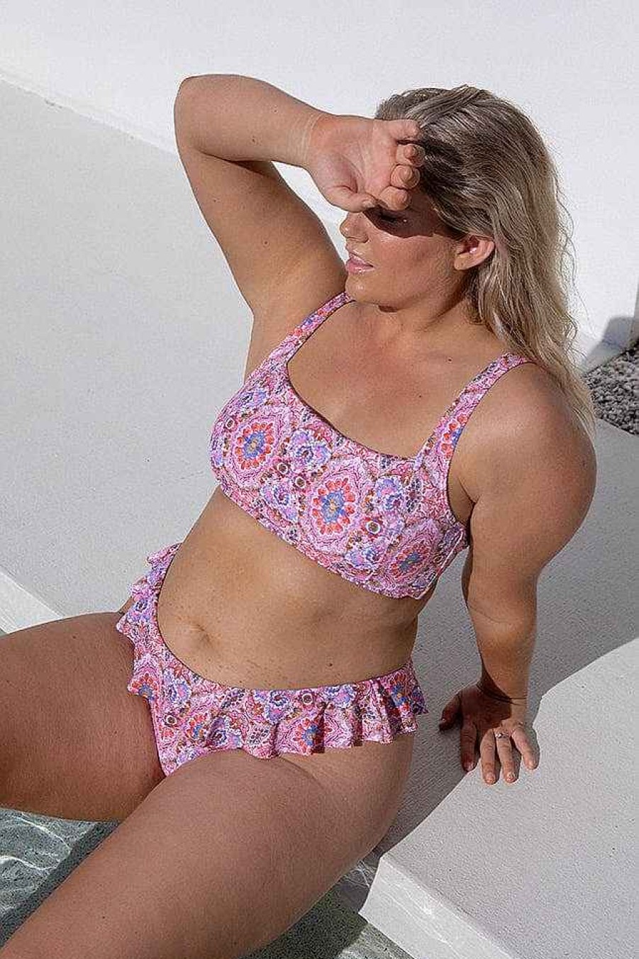 Swimwear Capriosca Plus Size Bikinis | Amalfi Pink Frill Bikini Bottoms