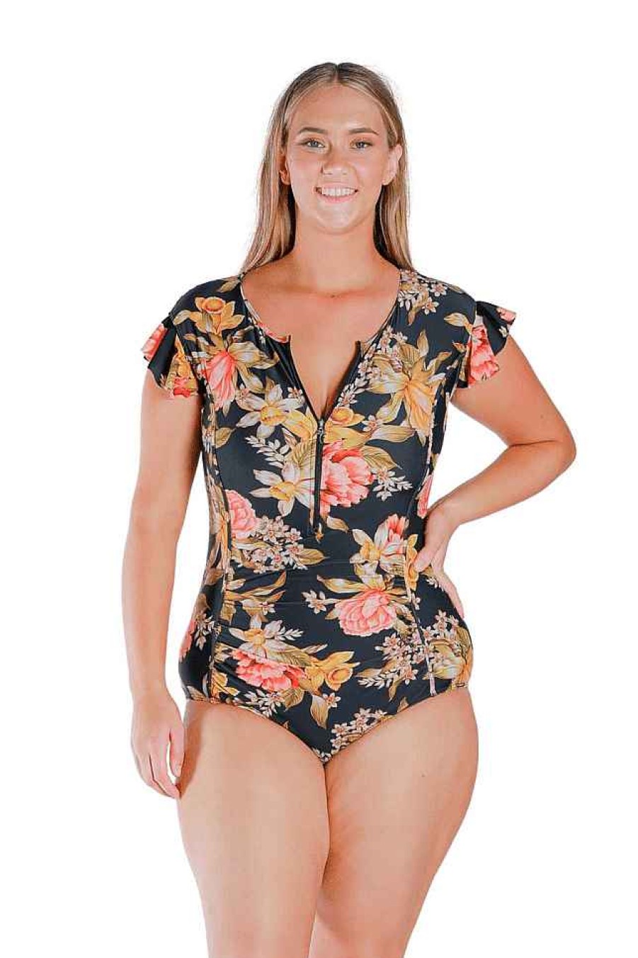 Swimwear Capriosca Short Sleeve | Frenchy Black Frill Sleeve One Piece