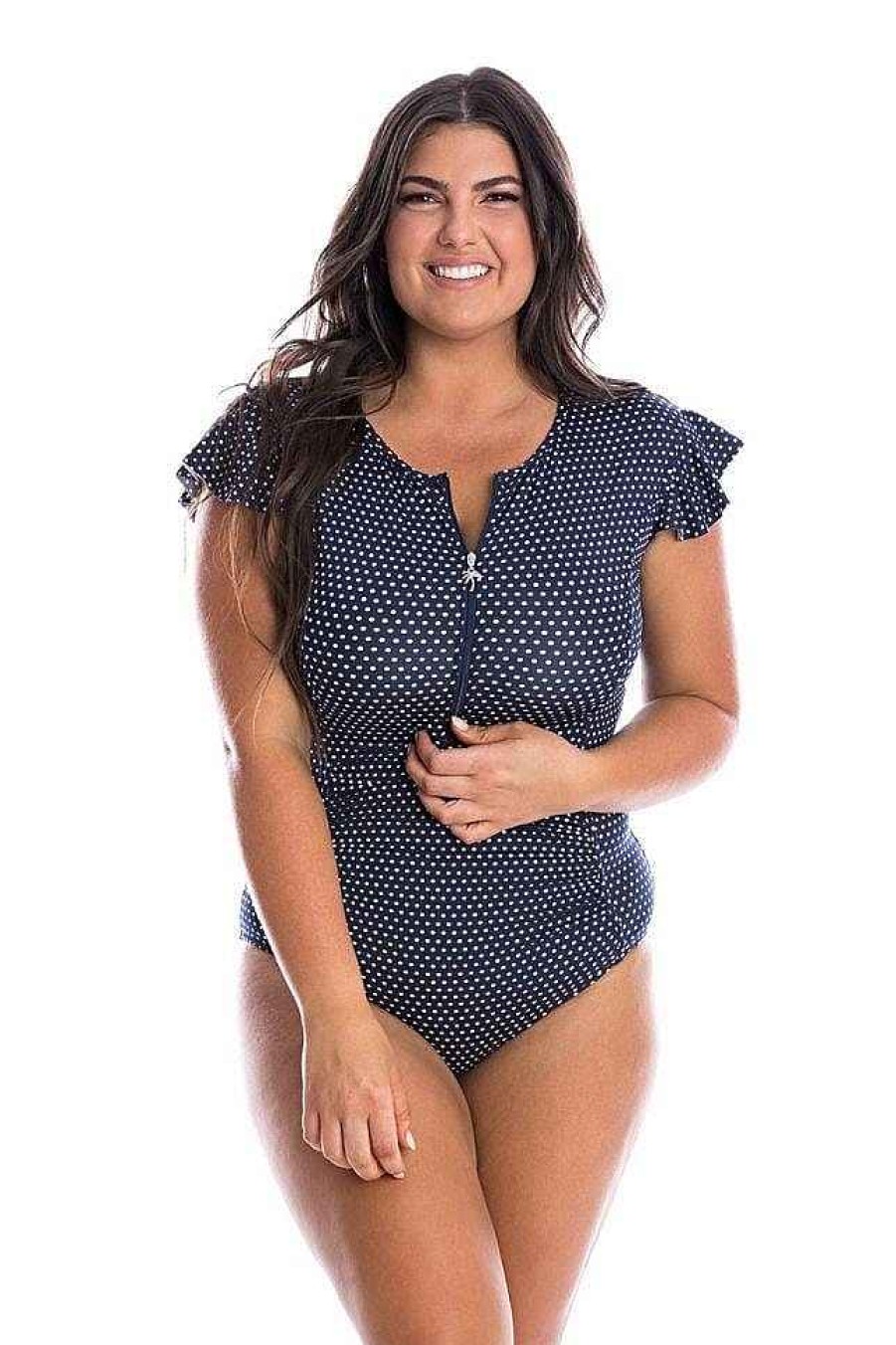 Swimwear Capriosca Short Sleeve | Navy & White Polka Dot Frill Sleeve One Piece