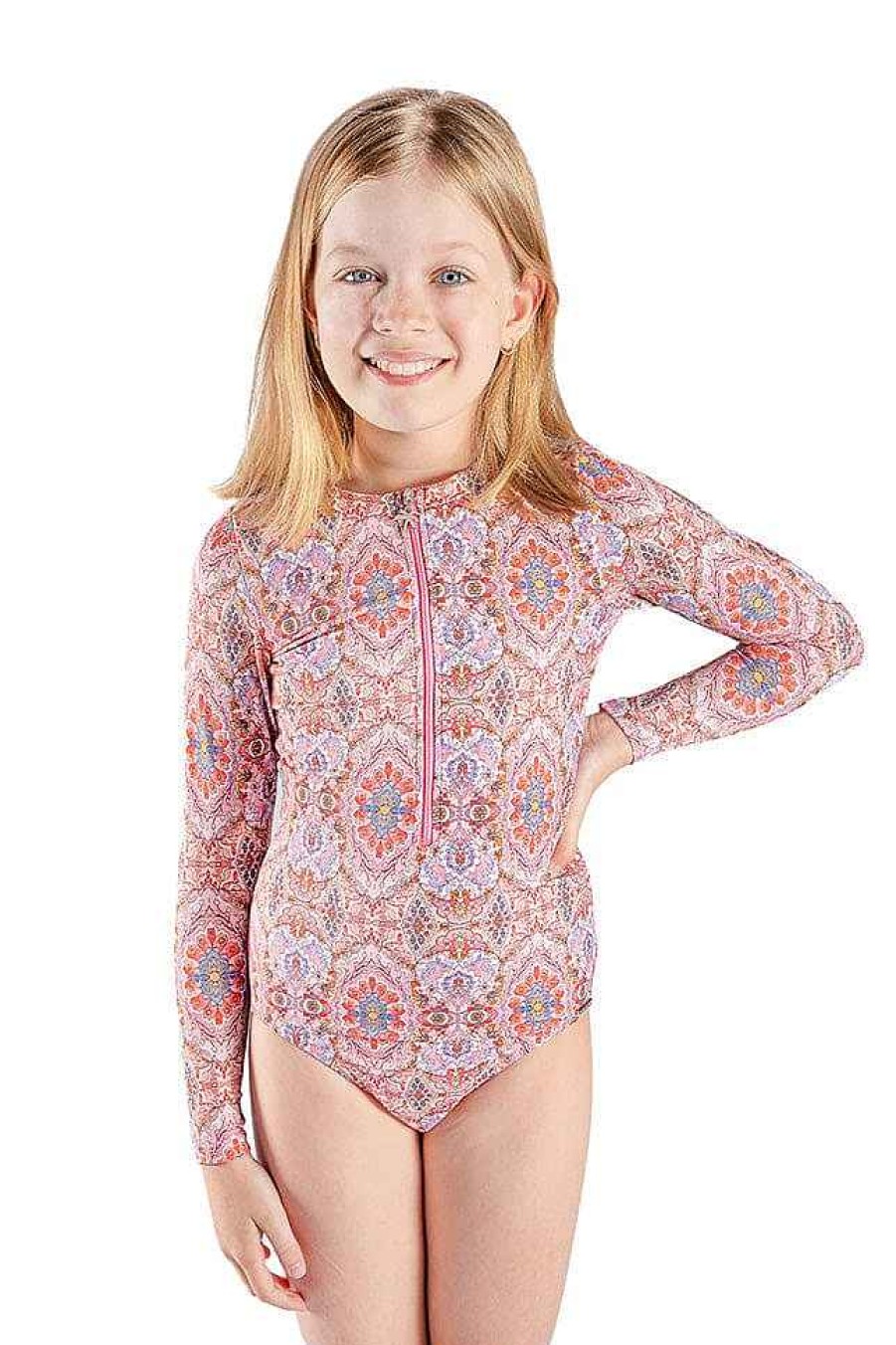 Swimwear Capriosca High Neck | Amalfi Pink Kids Long Sleeve One Piece