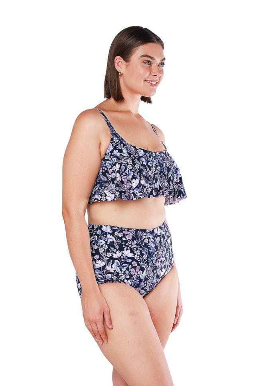 Swimwear Capriosca Crop Top | Navy Floral Frill Bikini Top Swimwear