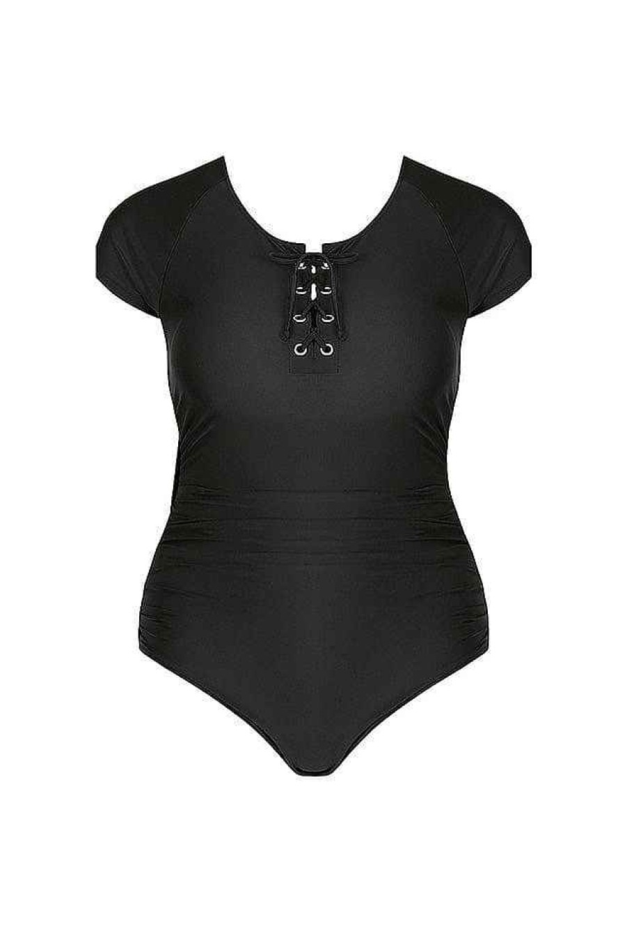 Swimwear Capriosca Short Sleeve | Black Short Sleeve Tie One Piece Swimwear