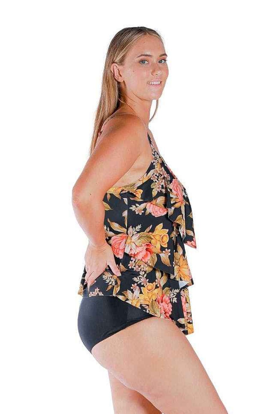 Swimwear Capriosca Tummy Control | Frenchy Black 3 Tier Tankini Top