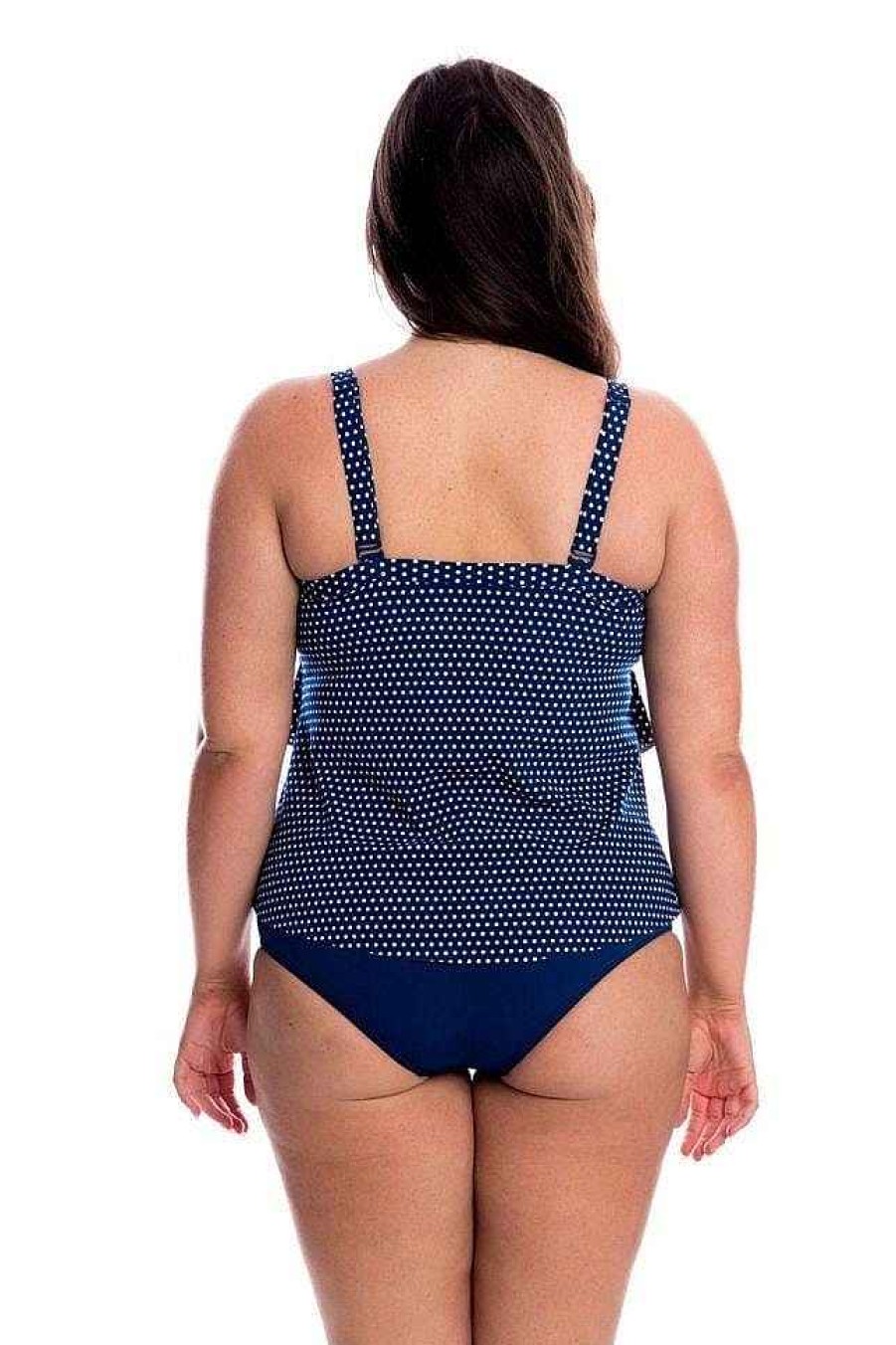 Swimwear Capriosca Tummy Control | Chlorine Resistant Navy And White Dots 3 Tier Tankini Top