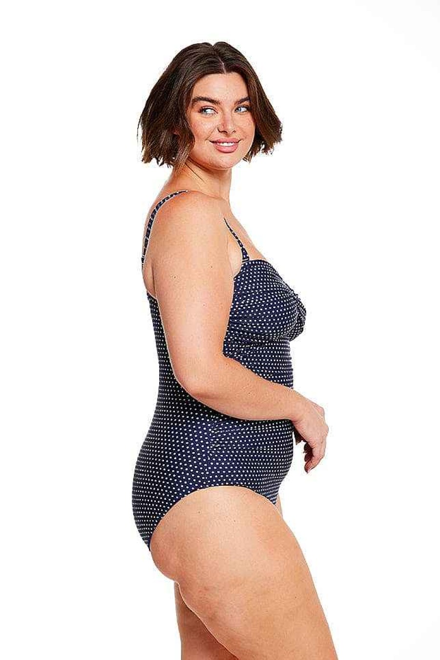 Swimwear Capriosca Tummy Control | Navy & White Dots Twist Front Bandeau One Piece