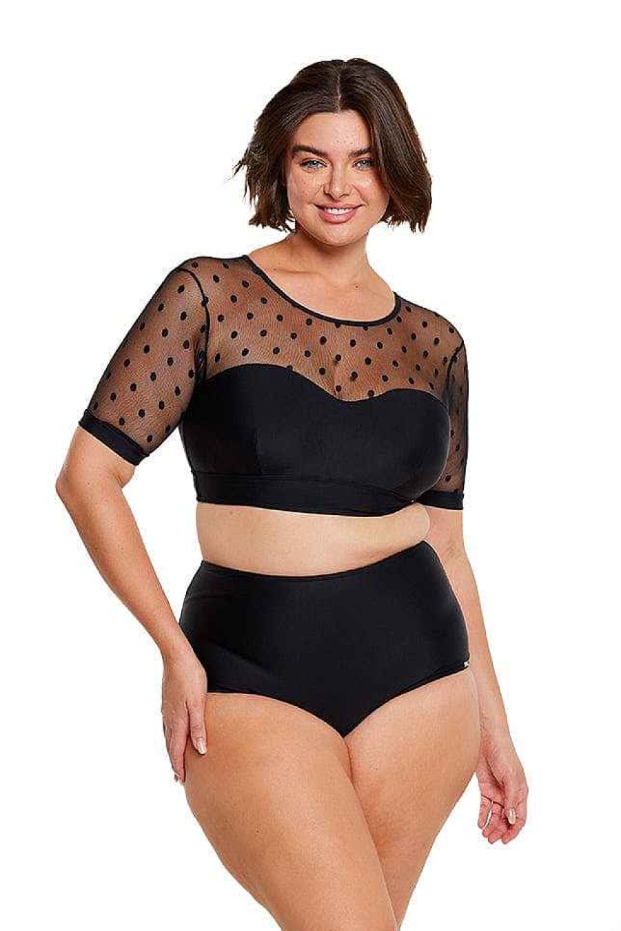 Swimwear Capriosca Crop Top | Mesh Polkadot Mesh Short Sleeve Crop Top