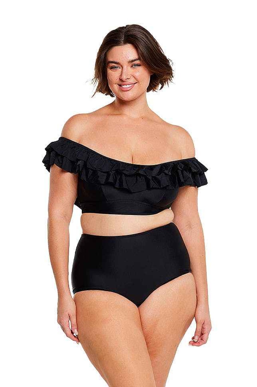 Swimwear Capriosca Bandeau & Strapless | Plain Black Frill Bikini Top Swimwear