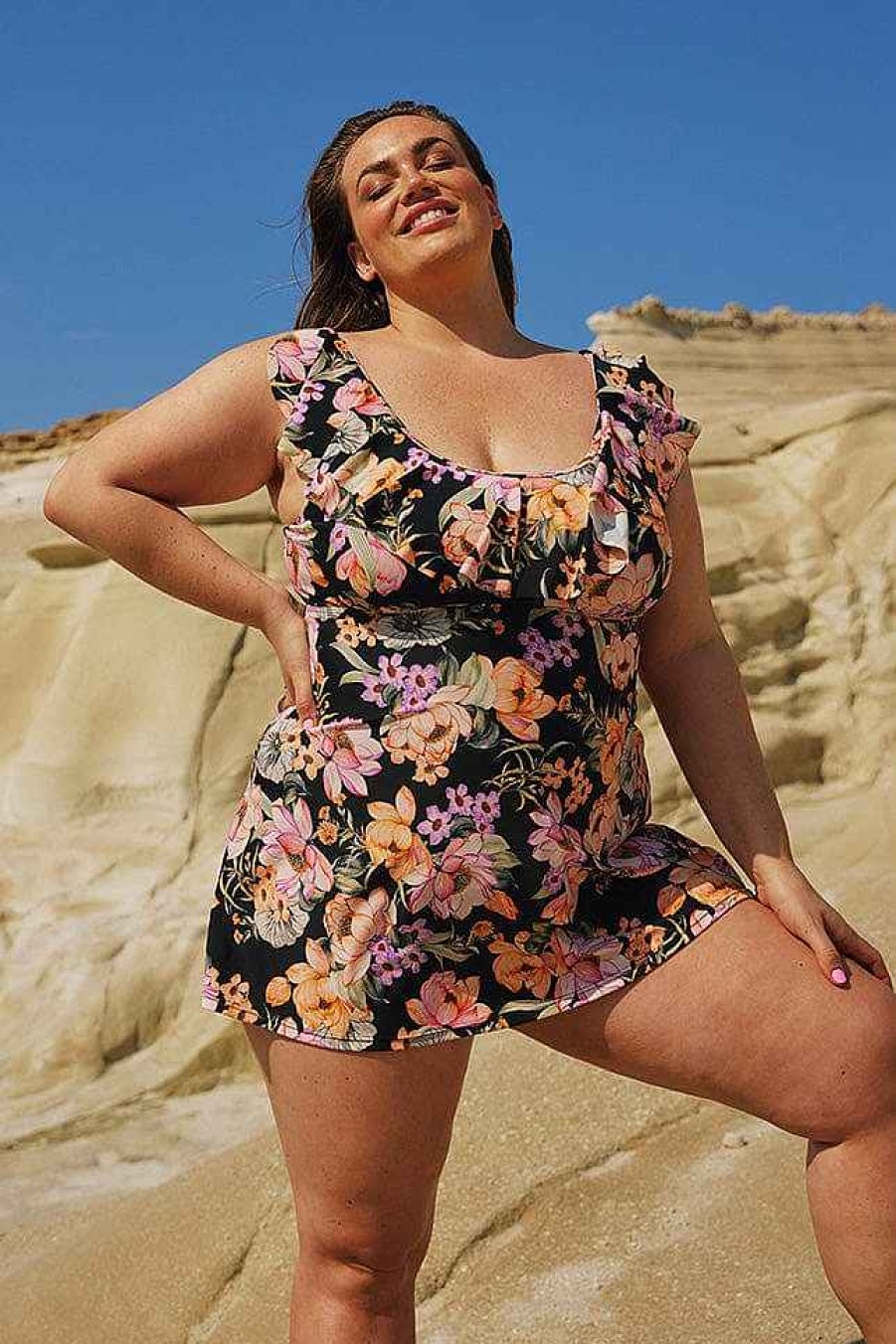 Swimwear Capriosca Plus Size Swim Dresses | Kokomo Frill Swim Dress