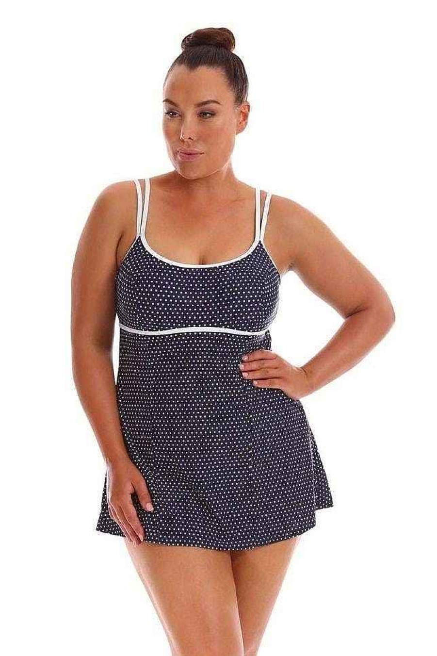 Swimwear Capriosca Tummy Control | Navy & White Dots Underwire Swim Dress Swimwear