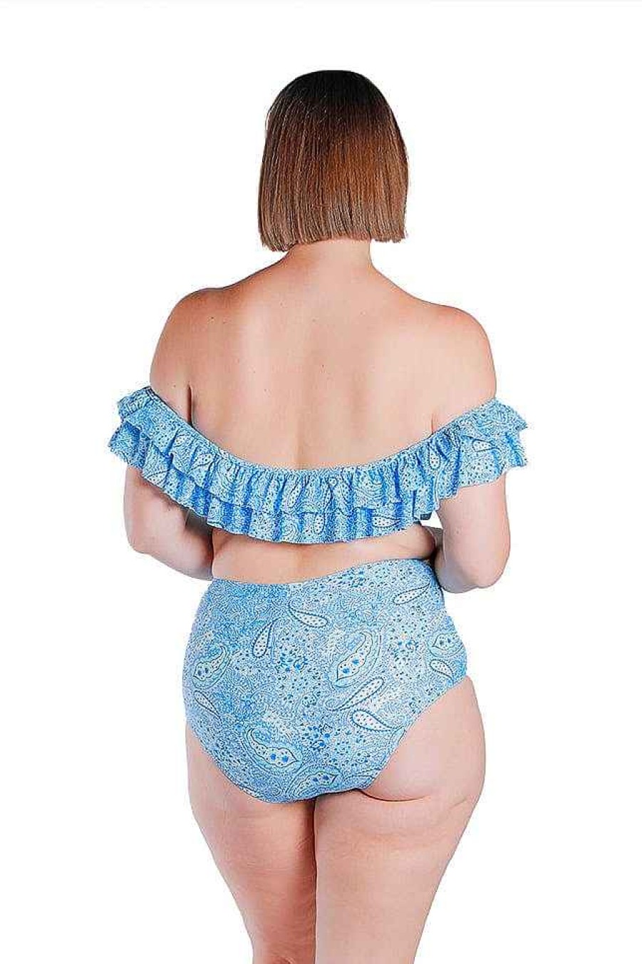 Swimwear Capriosca Bandeau & Strapless | Santorini Blue Frill Off The Shoulder Bikini Top