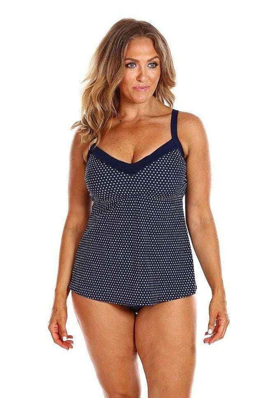 Swimwear Capriosca Loose Fitting | Chlorine Resistant Navy And White Dots Underwire Tankini Top