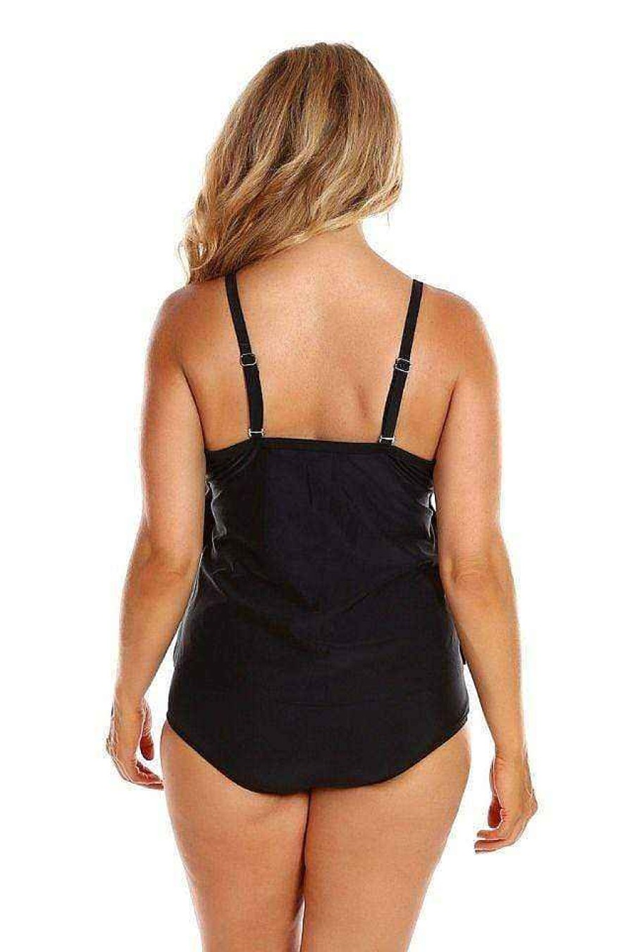 Swimwear Capriosca Tummy Control | Chlorine Resistant Black 3 Tier Tankini Top