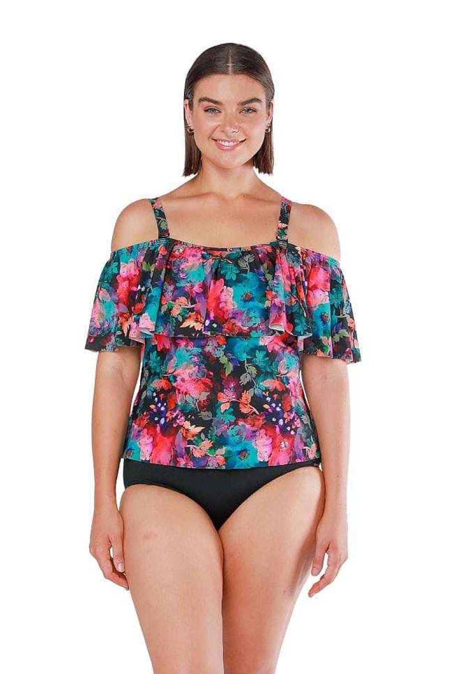 Swimwear Capriosca Loose Fitting | Midnight Garden Off The Shoulder Tankini Top