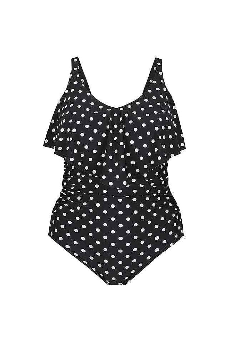 Swimwear Capriosca Tummy Control | Black And White Dots Long Frill V Neck One Piece