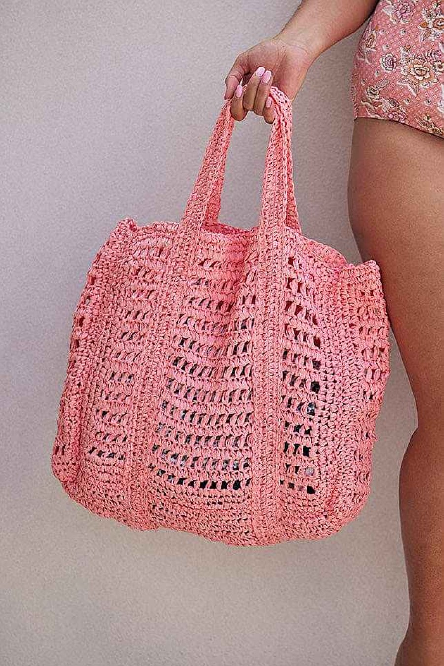 Beach Wear Capriosca Beach Bags | Large Raffia Beach Bag - Peach Sorbet