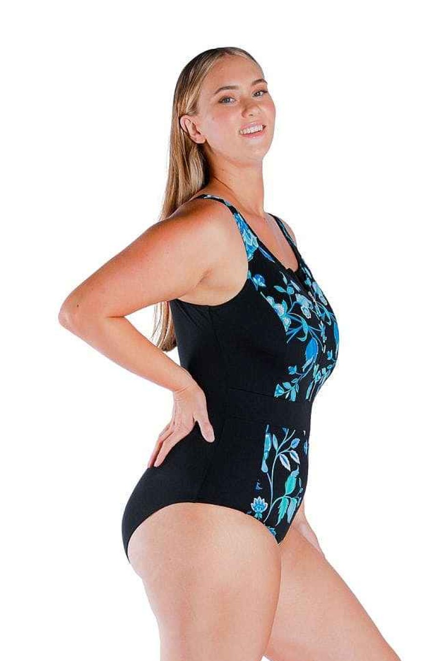 Swimwear Capriosca High Neck | Corsica Turquoise Chlorine Resistant Zip Front Sleeveless One Piece